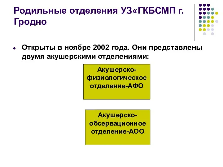 Родильные отделения УЗ«ГКБСМП г. Гродно Открыты в ноябре 2002 года. Они