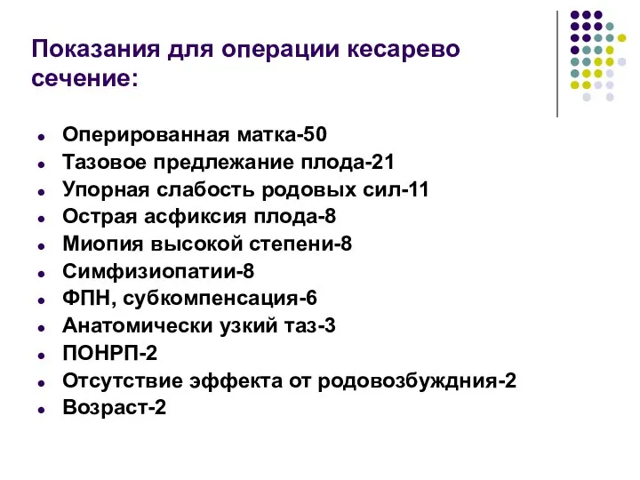 Показания для операции кесарево сечение: Оперированная матка-50 Тазовое предлежание плода-21 Упорная