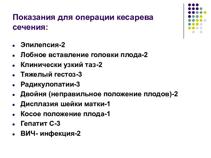 Показания для операции кесарева сечения: Эпилепсия-2 Лобное вставление головки плода-2 Клинически