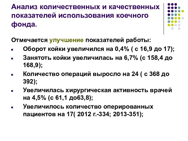 Анализ количественных и качественных показателей использования коечного фонда. Отмечается улучшение показателей