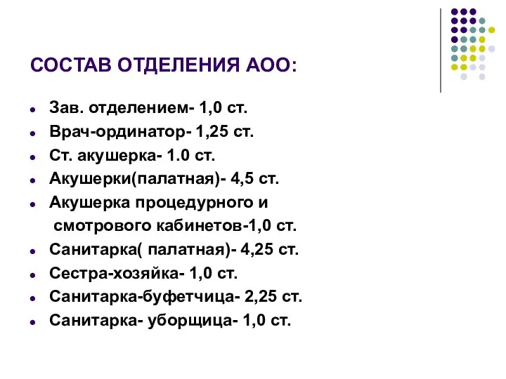 СОСТАВ ОТДЕЛЕНИЯ АОО: Зав. отделением- 1,0 ст. Врач-ординатор- 1,25 ст. Ст.