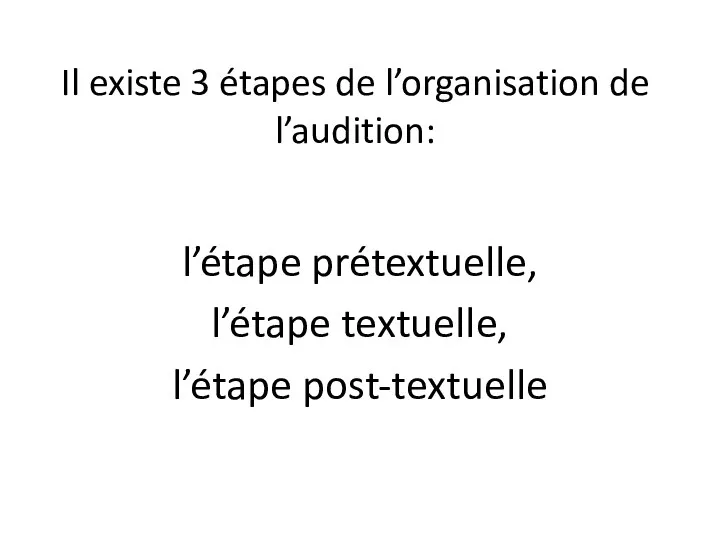 Il existe 3 étapes de l’organisation de l’audition: l’étape prétextuelle, l’étape textuelle, l’étape post-textuelle