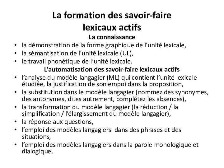 La formation des savoir-faire lexicaux actifs La connaissance la démonstration de