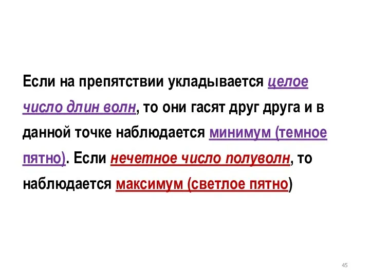 Если на препятствии укладывается целое число длин волн, то они гасят