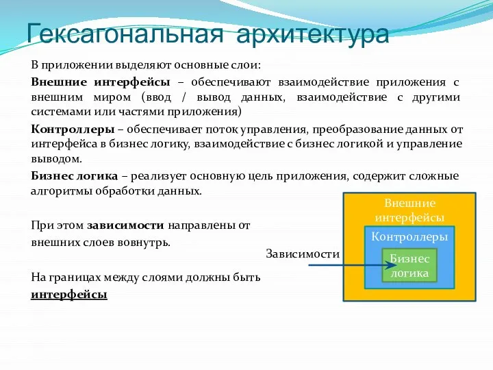 Гексагональная архитектура В приложении выделяют основные слои: Внешние интерфейсы – обеспечивают