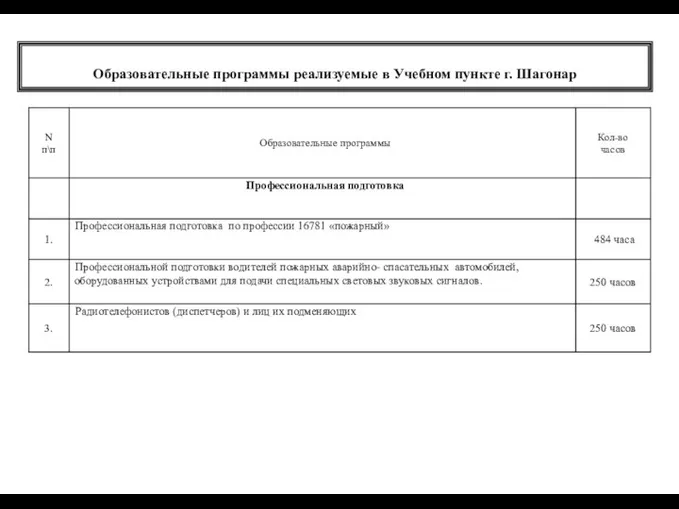 Образовательные программы реализуемые в Учебном пункте г. Шагонар