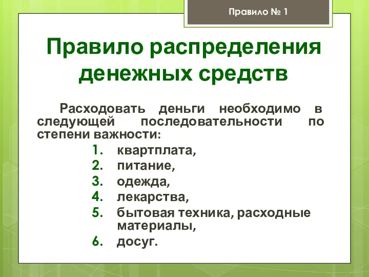 Правило распределения денежных средств Расходовать деньги необходимо в следующей последовательности по