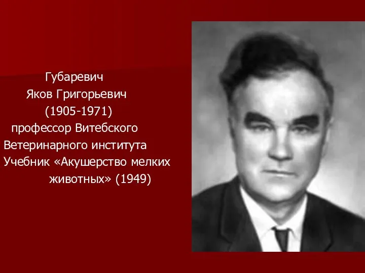 Губаревич Яков Григорьевич (1905-1971) профессор Витебского Ветеринарного института Учебник «Акушерство мелких животных» (1949)