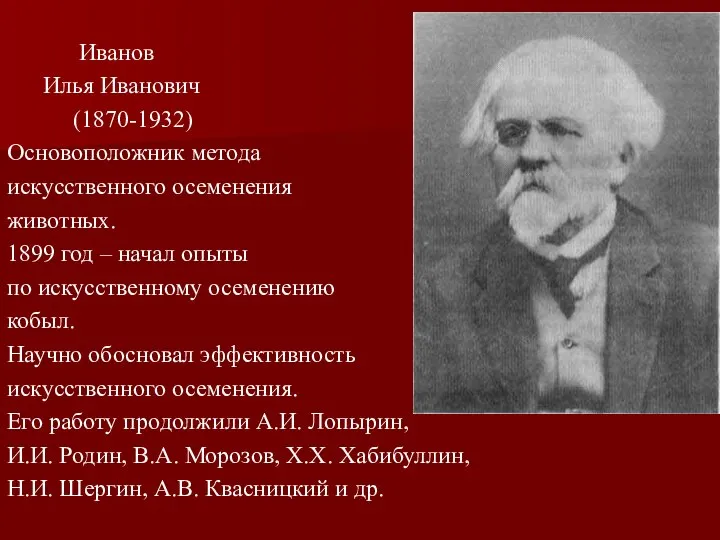 Иванов Илья Иванович (1870-1932) Основоположник метода искусственного осеменения животных. 1899 год