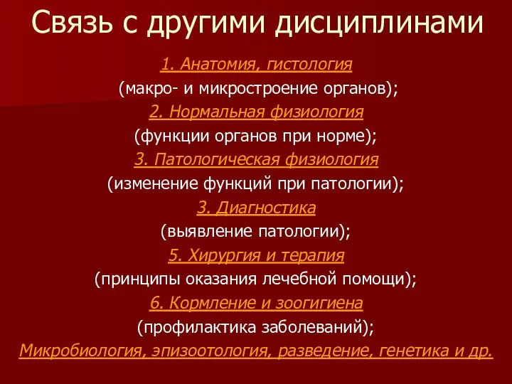 Связь с другими дисциплинами 1. Анатомия, гистология (макро- и микростроение органов);