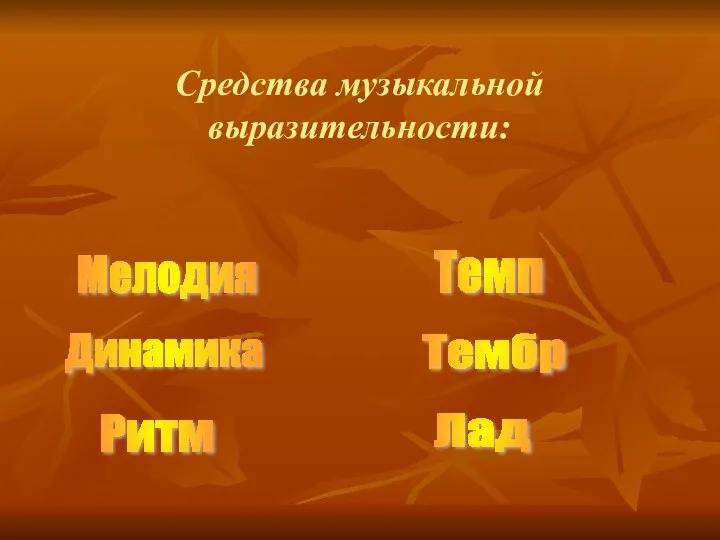 Средства музыкальной выразительности: Мелодия Темп Динамика Тембр Ритм Лад