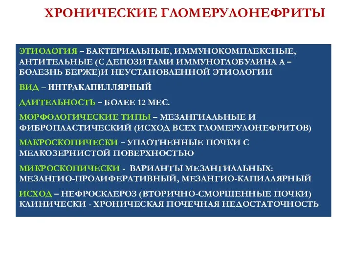 ХРОНИЧЕСКИЕ ГЛОМЕРУЛОНЕФРИТЫ ЭТИОЛОГИЯ – БАКТЕРИАЛЬНЫЕ, ИММУНОКОМПЛЕКСНЫЕ, АНТИТЕЛЬНЫЕ (С ДЕПОЗИТАМИ ИММУНОГЛОБУЛИНА А