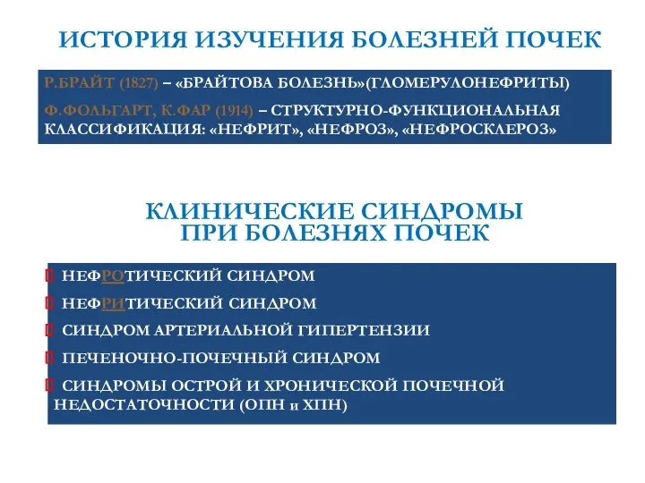 ИСТОРИЯ ИЗУЧЕНИЯ БОЛЕЗНЕЙ ПОЧЕК Р.БРАЙТ (1827) – «БРАЙТОВА БОЛЕЗНЬ»(ГЛОМЕРУЛОНЕФРИТЫ) Ф.ФОЛЬГАРТ, К.ФАР