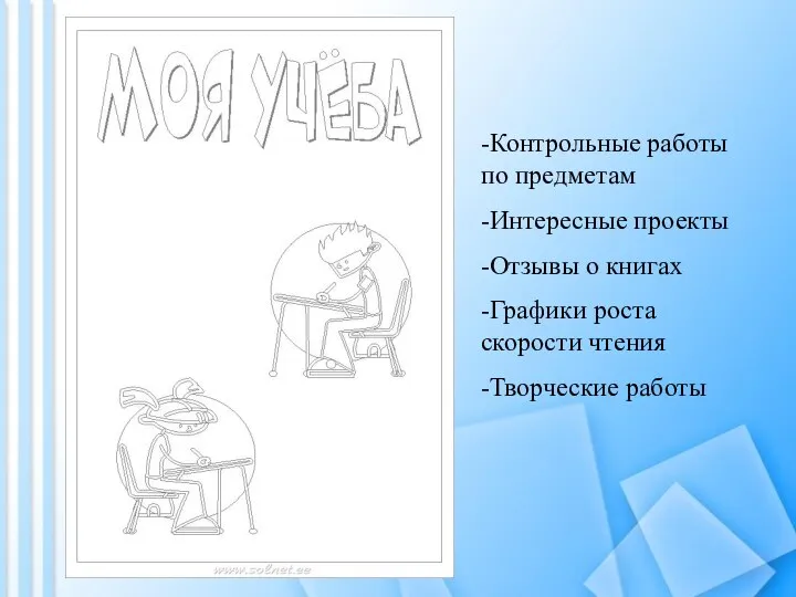 -Контрольные работы по предметам -Интересные проекты -Отзывы о книгах -Графики роста скорости чтения -Творческие работы
