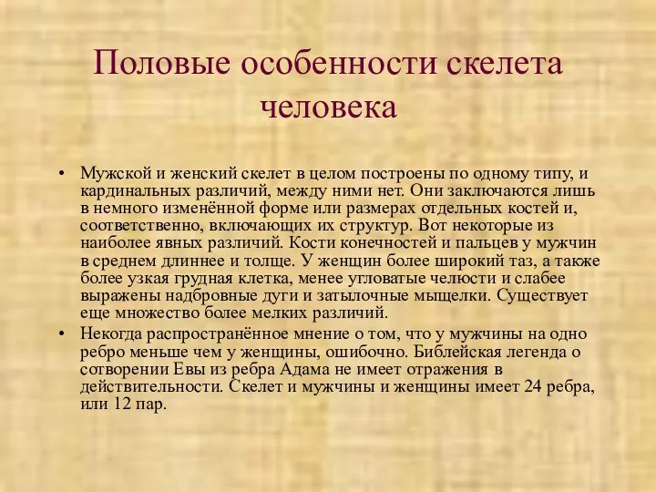 Половые особенности скелета человека Мужской и женский скелет в целом построены