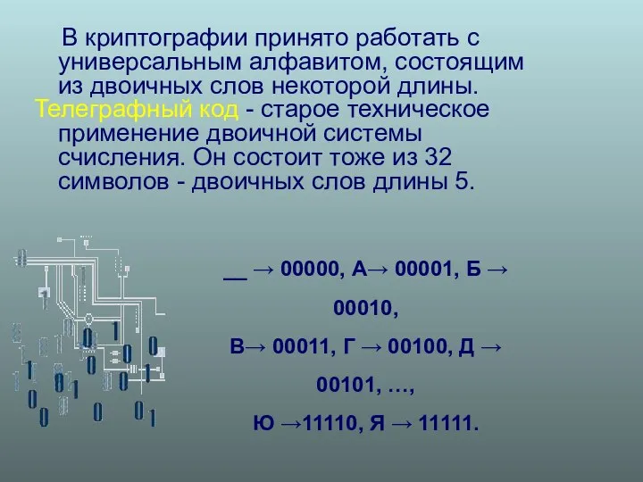 В криптографии принято работать с универсальным алфавитом, состоящим из двоичных слов