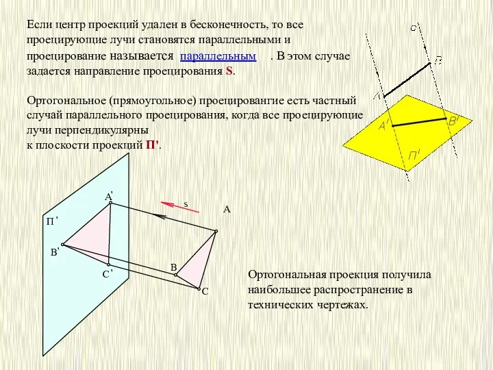 Если центр проекций удален в бесконечность, то все проецирующие лучи становятся