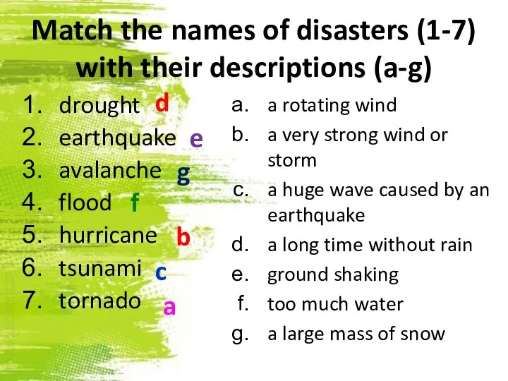 Match the names of disasters (1-7) with their descriptions (a-g) drought