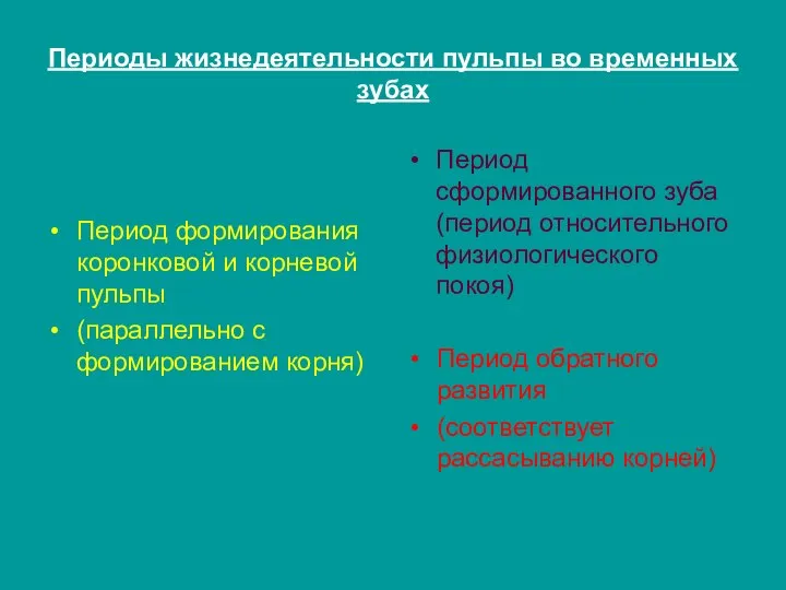 Периоды жизнедеятельности пульпы во временных зубах Период формирования коронковой и корневой