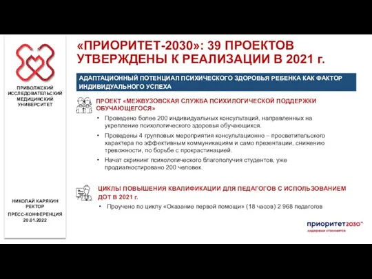 «ПРИОРИТЕТ-2030»: 39 ПРОЕКТОВ УТВЕРЖДЕНЫ К РЕАЛИЗАЦИИ В 2021 г. ПРИВОЛЖСКИЙ ИССЛЕДОВАТЕЛЬСКИЙ