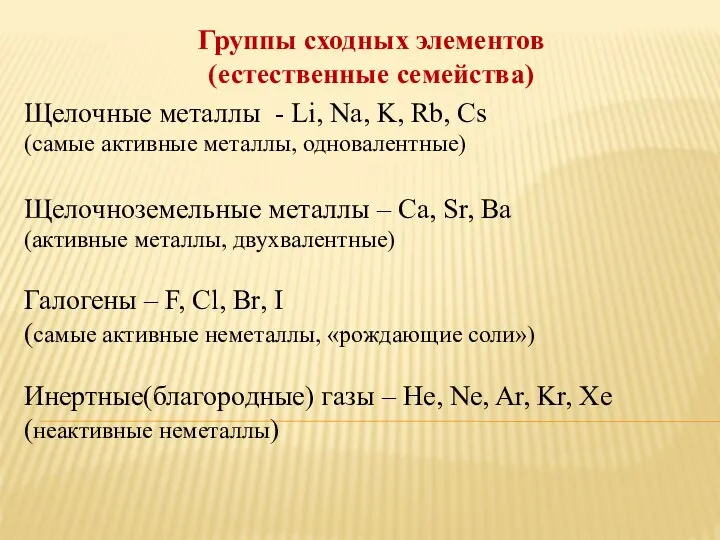 Группы сходных элементов (естественные семейства) Щелочные металлы - Li, Na, K,