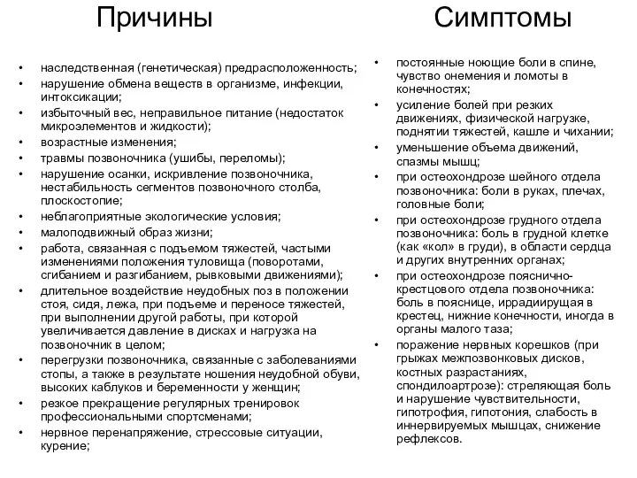 Причины Симптомы наследственная (генетическая) предрасположенность; нарушение обмена веществ в организме, инфекции,