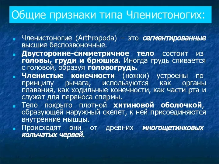 Общие признаки типа Членистоногих: Членистоногие (Arthropoda) – это сегментированные высшие беспозвоночные.