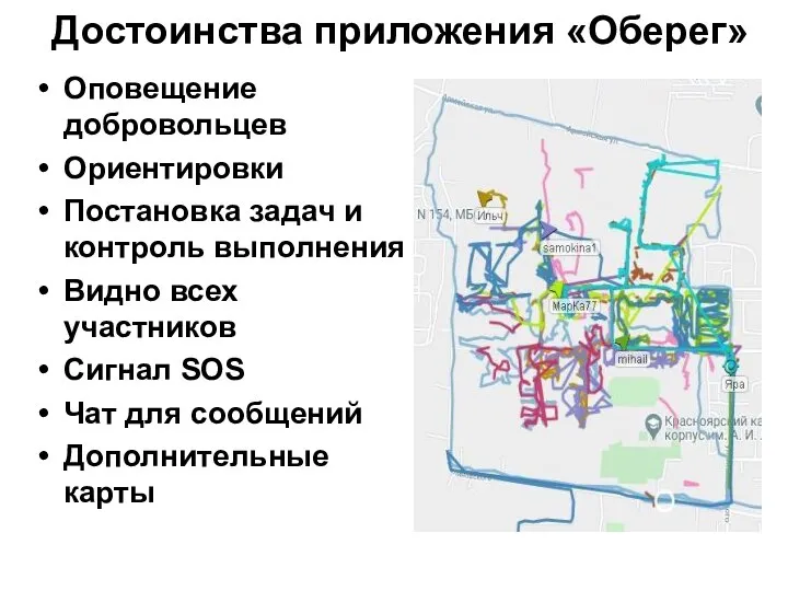 Достоинства приложения «Оберег» Оповещение добровольцев Ориентировки Постановка задач и контроль выполнения