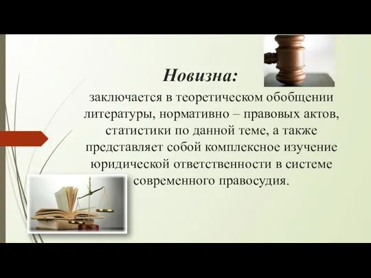 Новизна: заключается в теоретическом обобщении литературы, нормативно – правовых актов, статистики