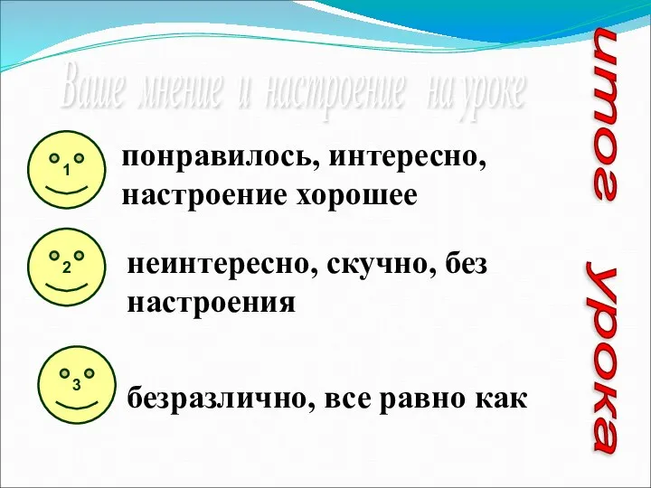 Ваше мнение и настроение на уроке 1 понравилось, интересно, настроение хорошее