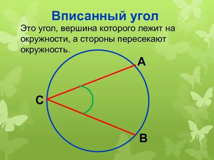 Вписанный угол Это угол, вершина которого лежит на окружности, а стороны пересекают окружность. С А В