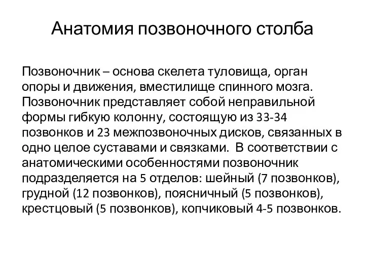 Анатомия позвоночного столба Позвоночник – основа скелета туловища, орган опоры и