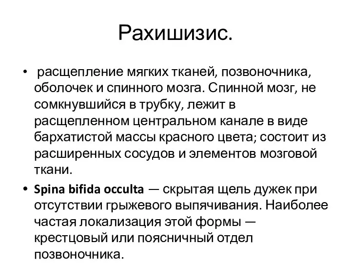 Рахишизис. расщепление мягких тканей, позвоночника, оболочек и спинного мозга. Спинной мозг,