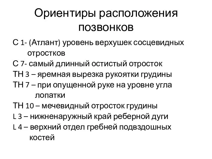 Ориентиры расположения позвонков С 1- (Атлант) уровень верхушек сосцевидных отростков С