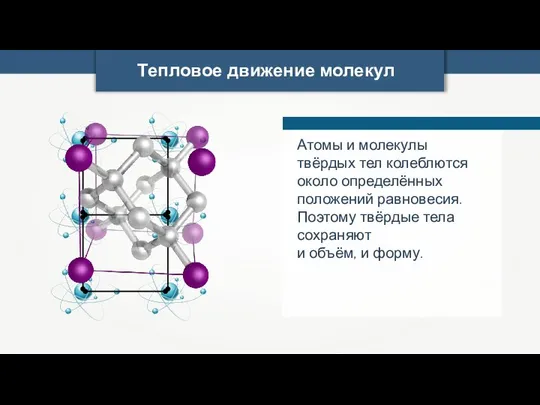 Тепловое движение молекул Атомы и молекулы твёрдых тел колеблются около определённых