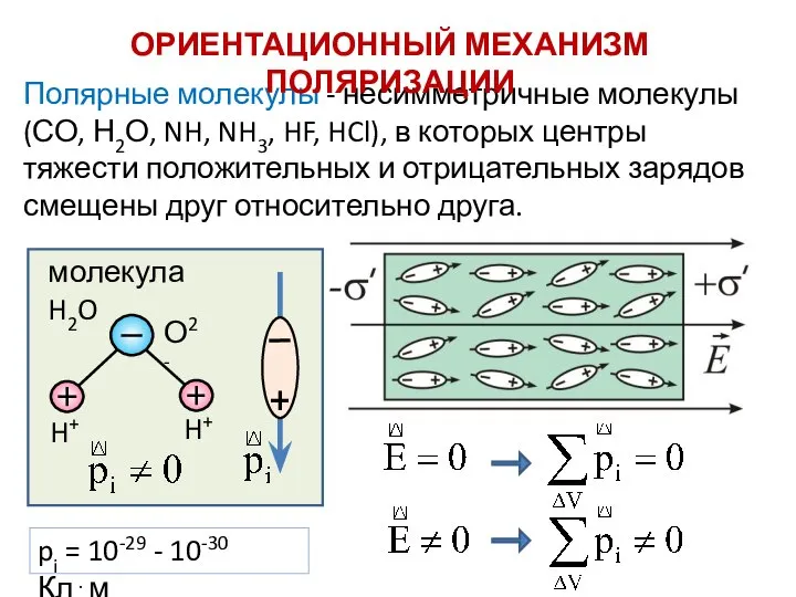 Полярные молекулы - несимметричные молекулы (СО, Н2О, NH, NH3, HF, HCl),