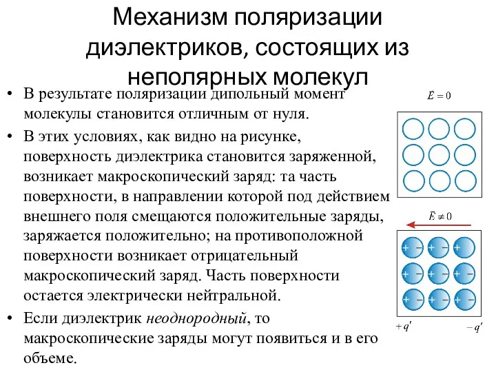 Механизм поляризации диэлектриков, состоящих из неполярных молекул В результате поляризации дипольный