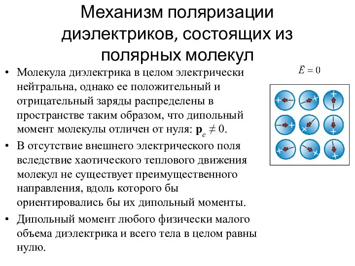 Механизм поляризации диэлектриков, состоящих из полярных молекул Молекула диэлектрика в целом
