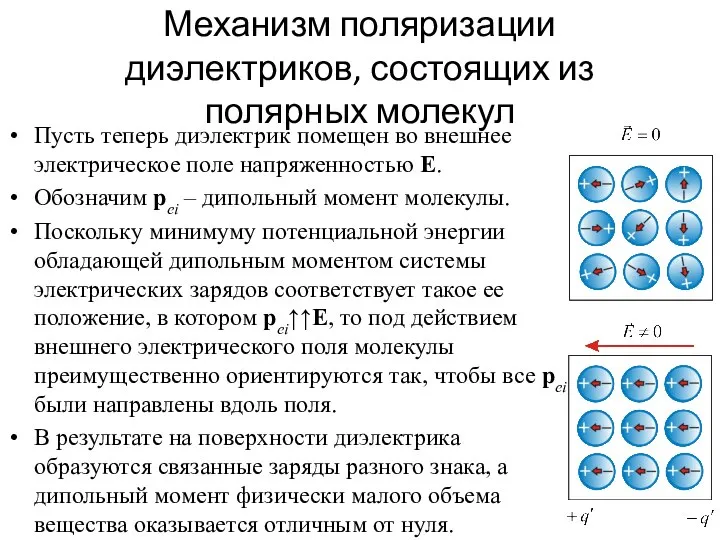 Механизм поляризации диэлектриков, состоящих из полярных молекул Пусть теперь диэлектрик помещен