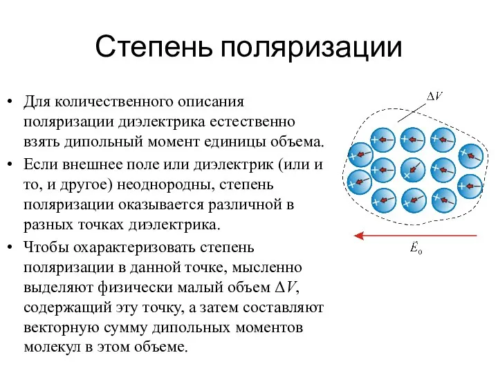 Степень поляризации Для количественного описания поляризации диэлектрика естественно взять дипольный момент