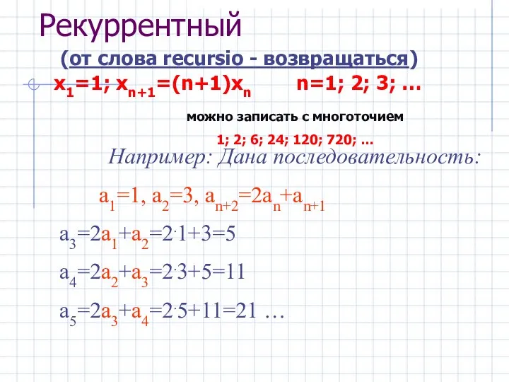 (от слова recursio - возвращаться) х1=1; хn+1=(n+1)xn n=1; 2; 3; …