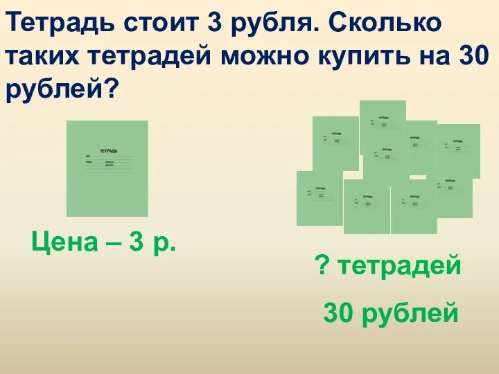 Тетрадь стоит 3 рубля. Сколько таких тетрадей можно купить на 30