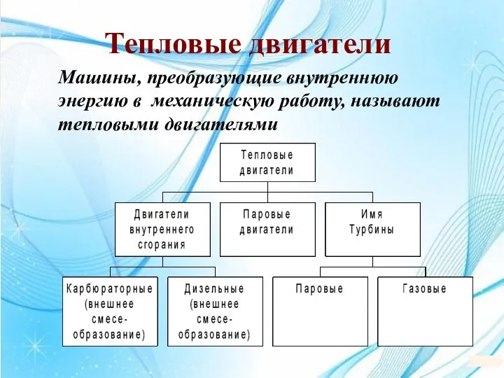 Тепловые двигатели Машины, преобразующие внутреннюю энергию в механическую работу, называют тепловыми двигателями