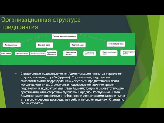 Организационная структура предприятия Структурными подразделениями Администрации являются управления, отделы, секторы, службы(группы).