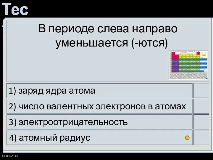 13.09.2016 В периоде слева направо уменьшается (-ются) 1) заряд ядра атома