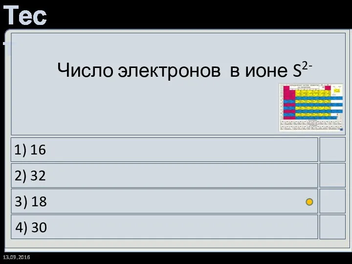 13.09.2016 Число электронов в ионе S2- 1) 16 2) 32 3) 18 4) 30