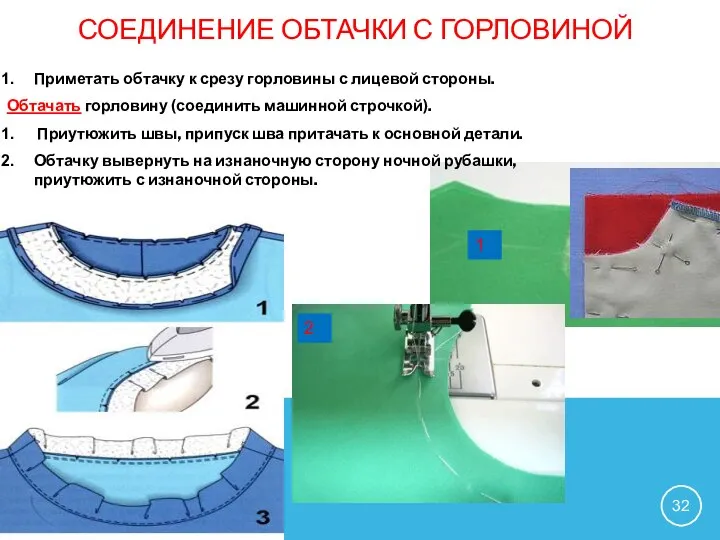 СОЕДИНЕНИЕ ОБТАЧКИ С ГОРЛОВИНОЙ Приметать обтачку к срезу горловины с лицевой