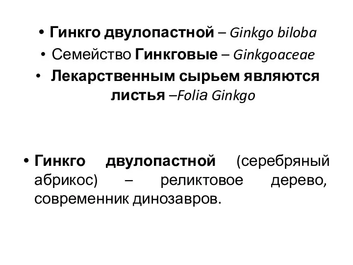 Гинкго двулопастной – Ginkgo biloba Семейство Гинкговые – Ginkgoaceae Лекарственным сырьем