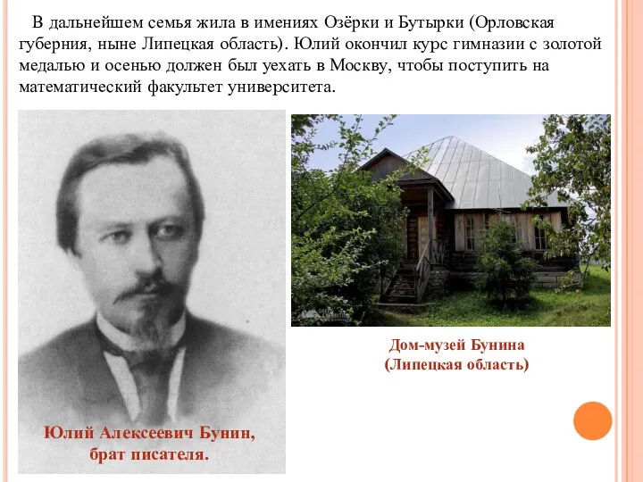 Юлий Алексеевич Бунин, брат писателя. Дом-музей Бунина (Липецкая область) В дальнейшем