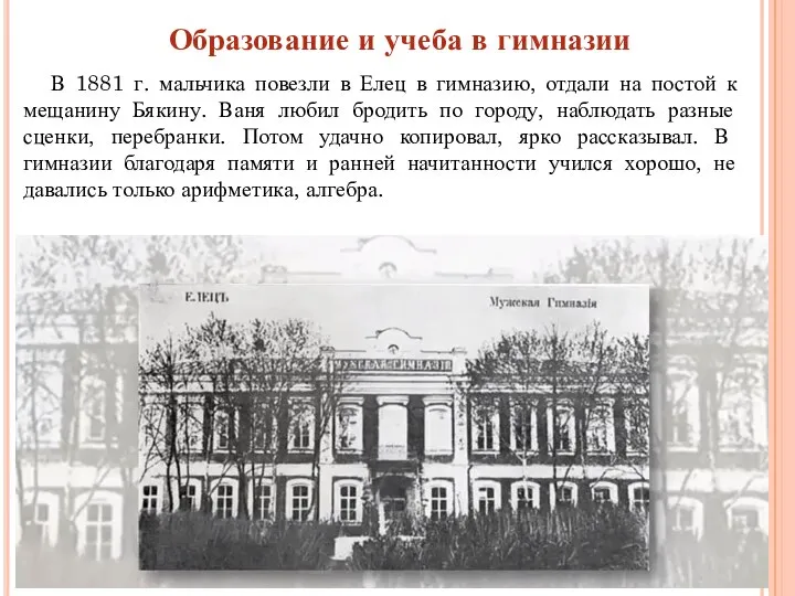 Образование и учеба в гимназии В 1881 г. мальчика повезли в